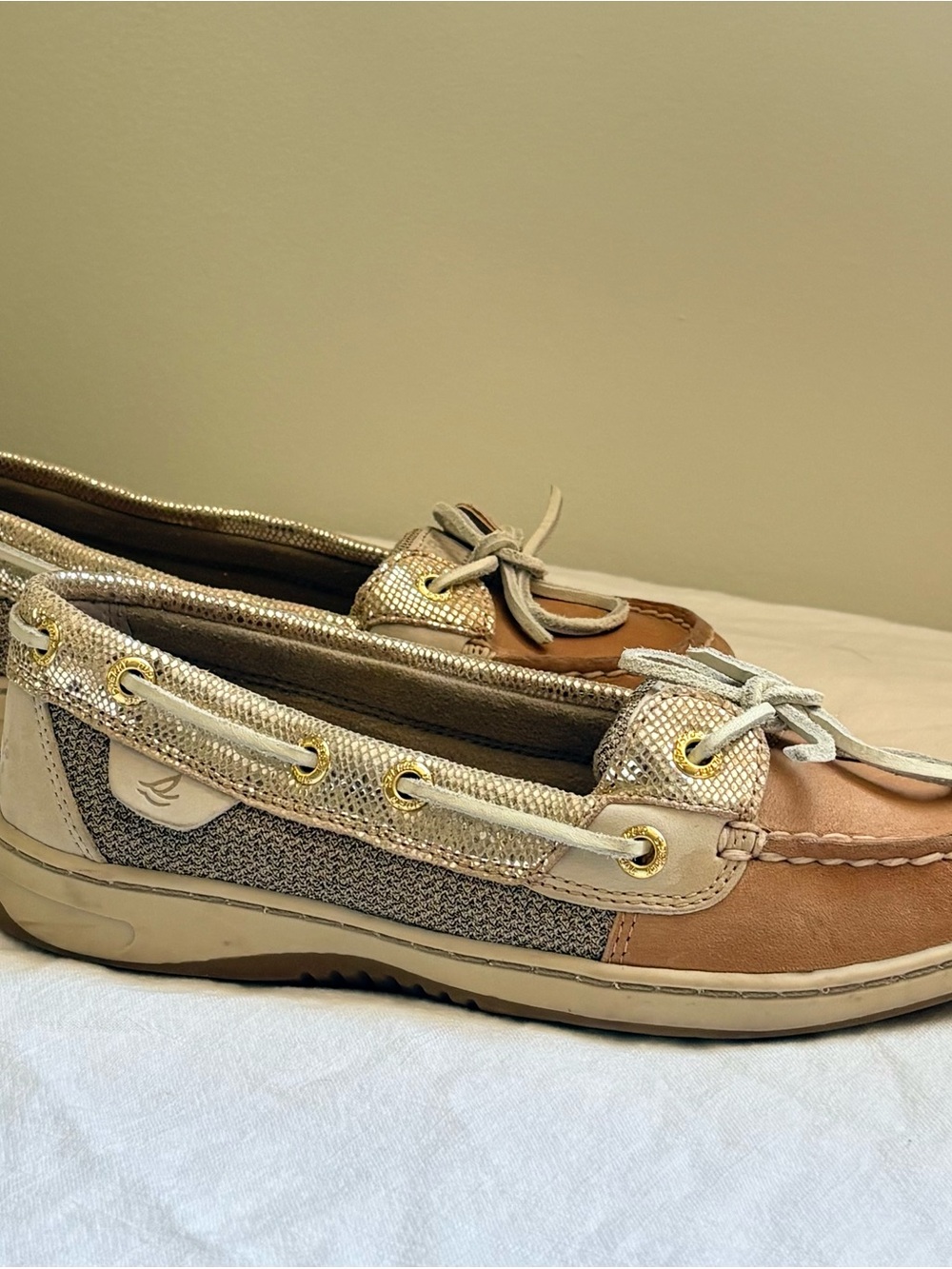 Sperry Metallic Beige and Tan Leather Boat Moccasins
